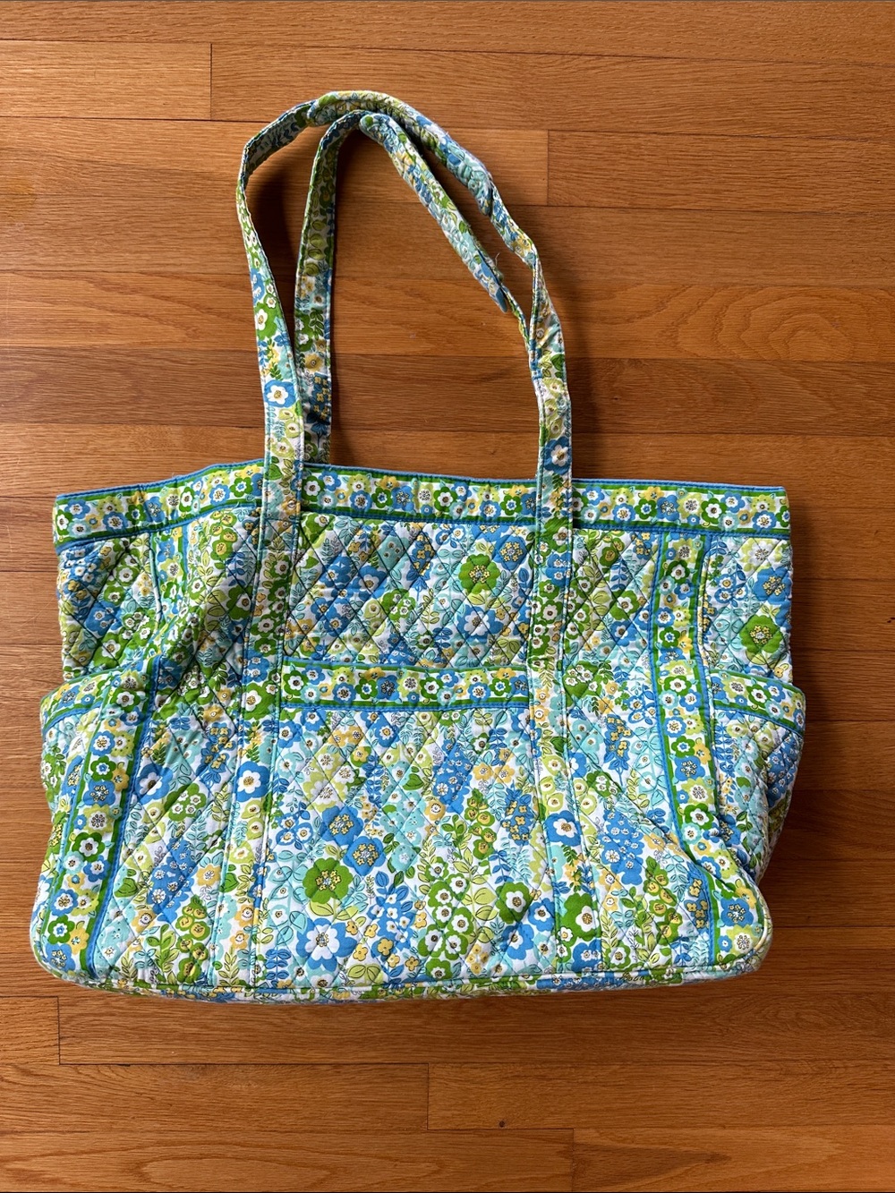 Quilted Floral Tote Bag in Blue and Green